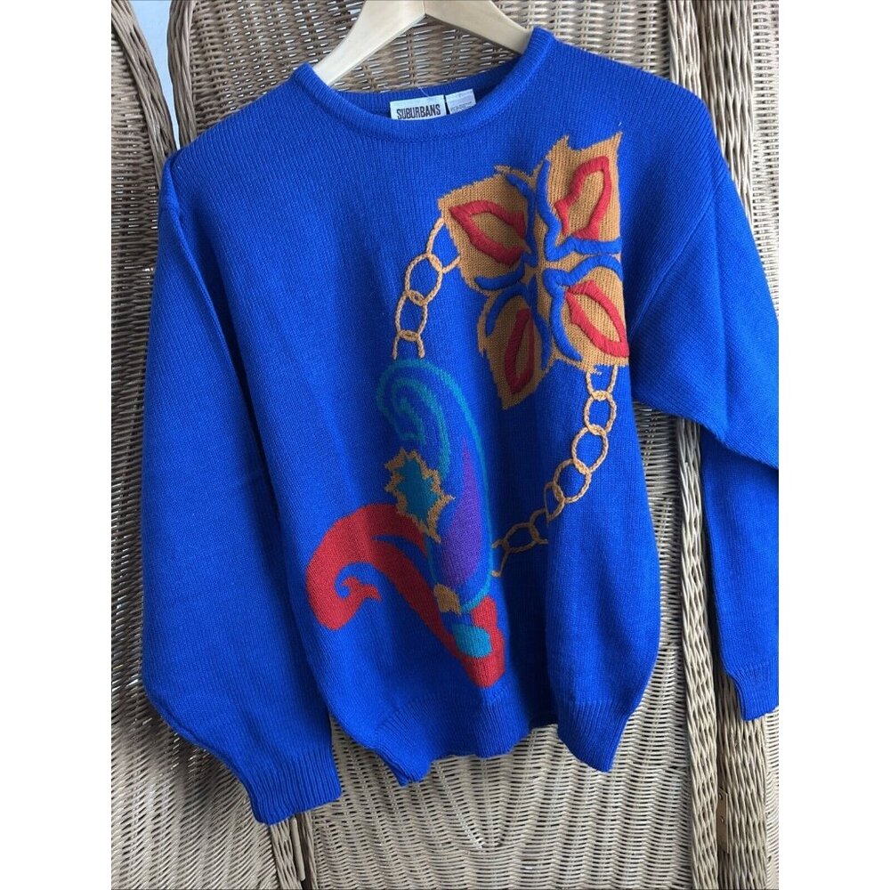Vintage 80's Sweater Modern Crewel Poinsettia And Gold Chain Paisley Lg Corp
